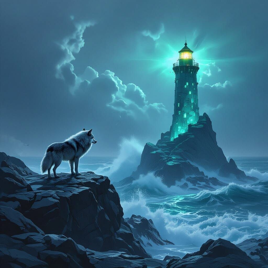 Wolf and Luminous Sea Glass Lighthouse in Stormy Digital Art