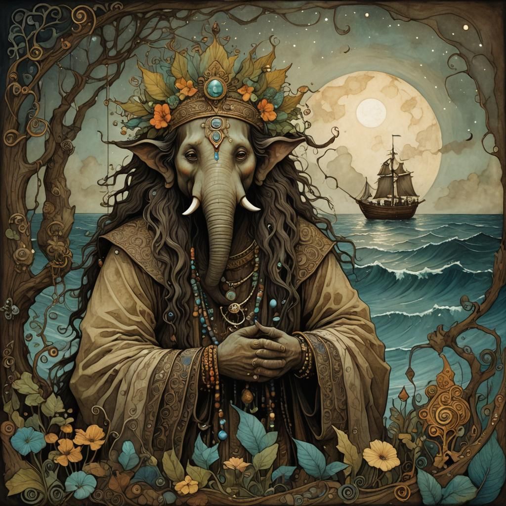 Ganesha as Young Pirate in Folk Art Style