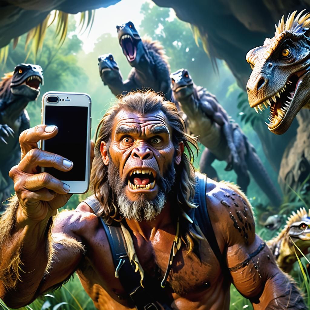 Caveman Selfie Interrupted by Raptors in Jungle