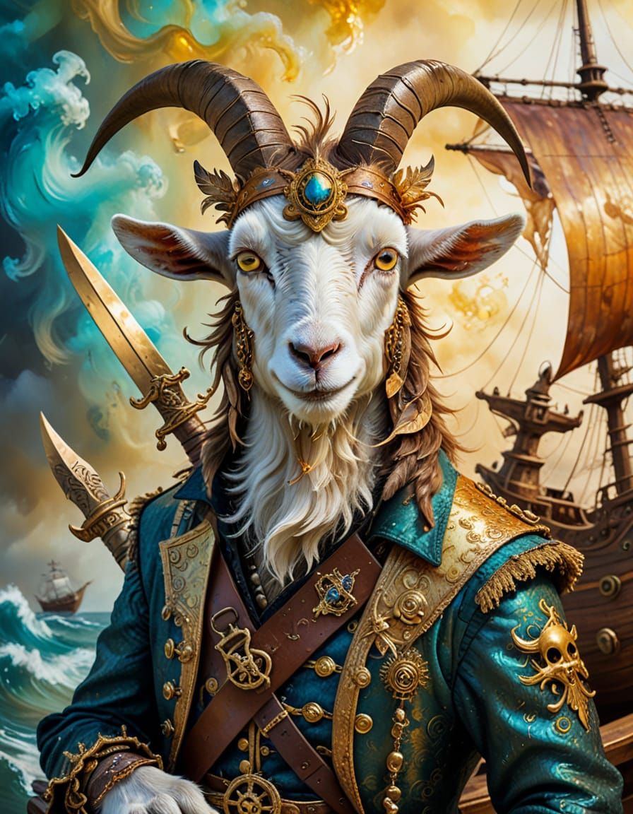 Goat Pirate Adventure: Surrealist Painting with Golden Detai...