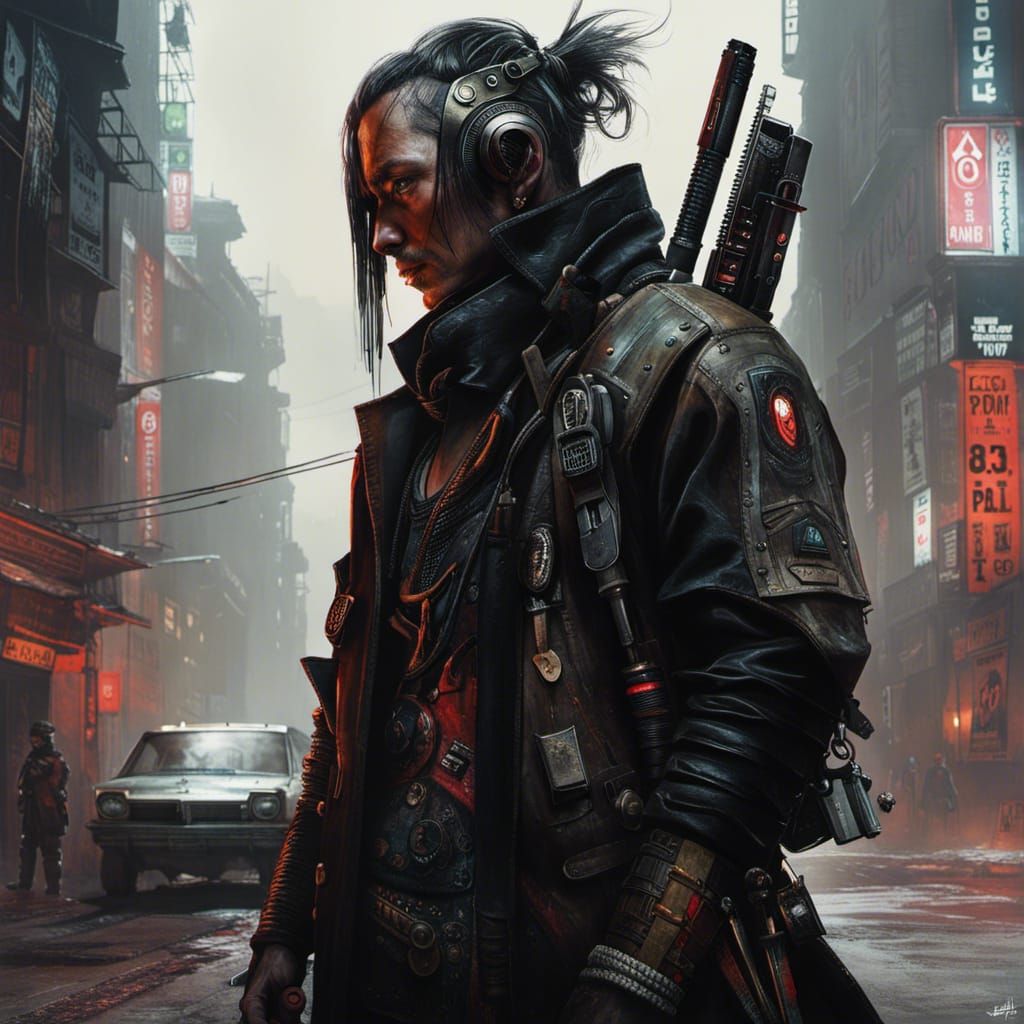 Cyberpunk Samurai in Gothic Cityscape