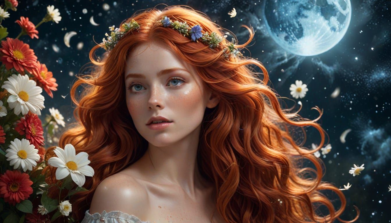 Red Haired Woman Amidst Stardust and Flowers