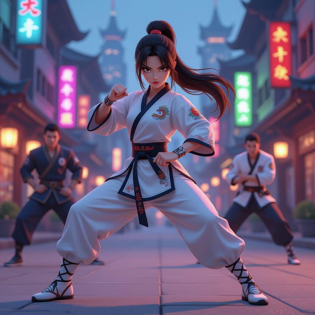 Anime Kung Fu Master in Neon City
