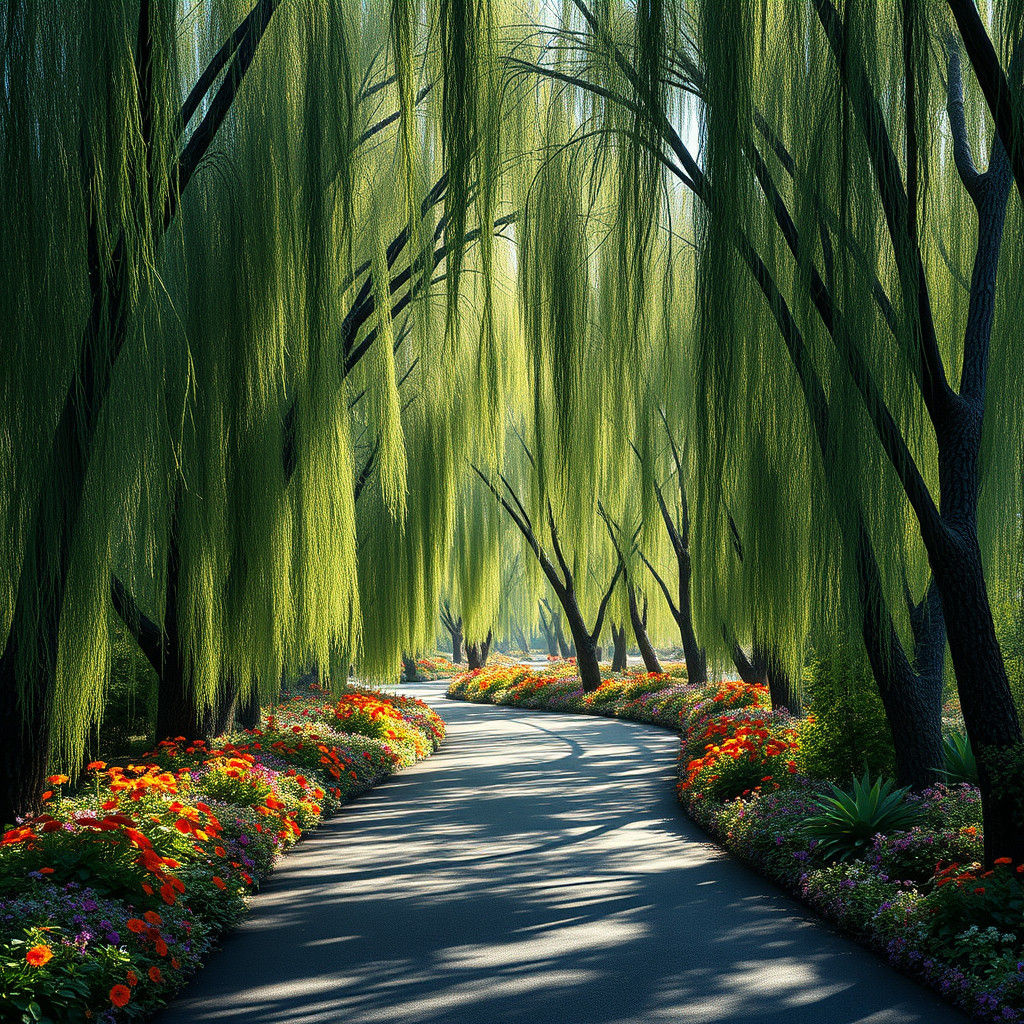 Road Through Weeping Willows: A Cinematic Digital Painting
