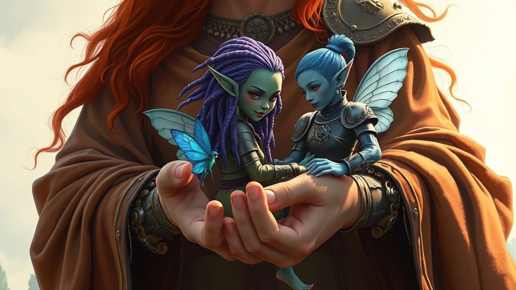 Gentle Giantess Cradles Elven Fairy in Whimsical Dreamlike S...