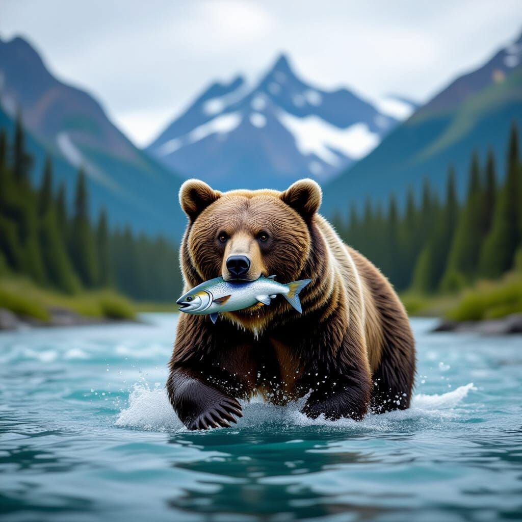Alaskan Bear Catches Fish in Wilderness