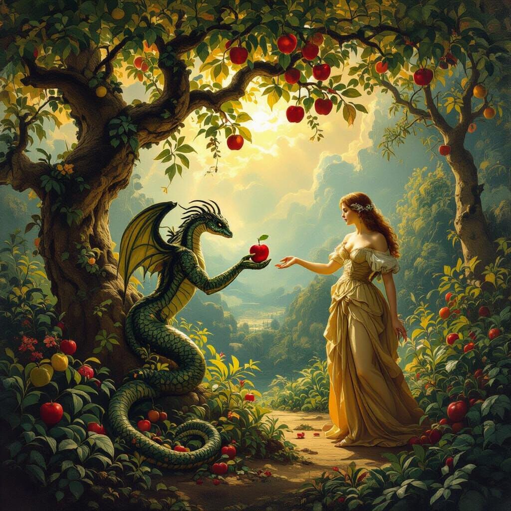 Serpent Tempts Eve with Forbidden Apple in Baroque Garden of...