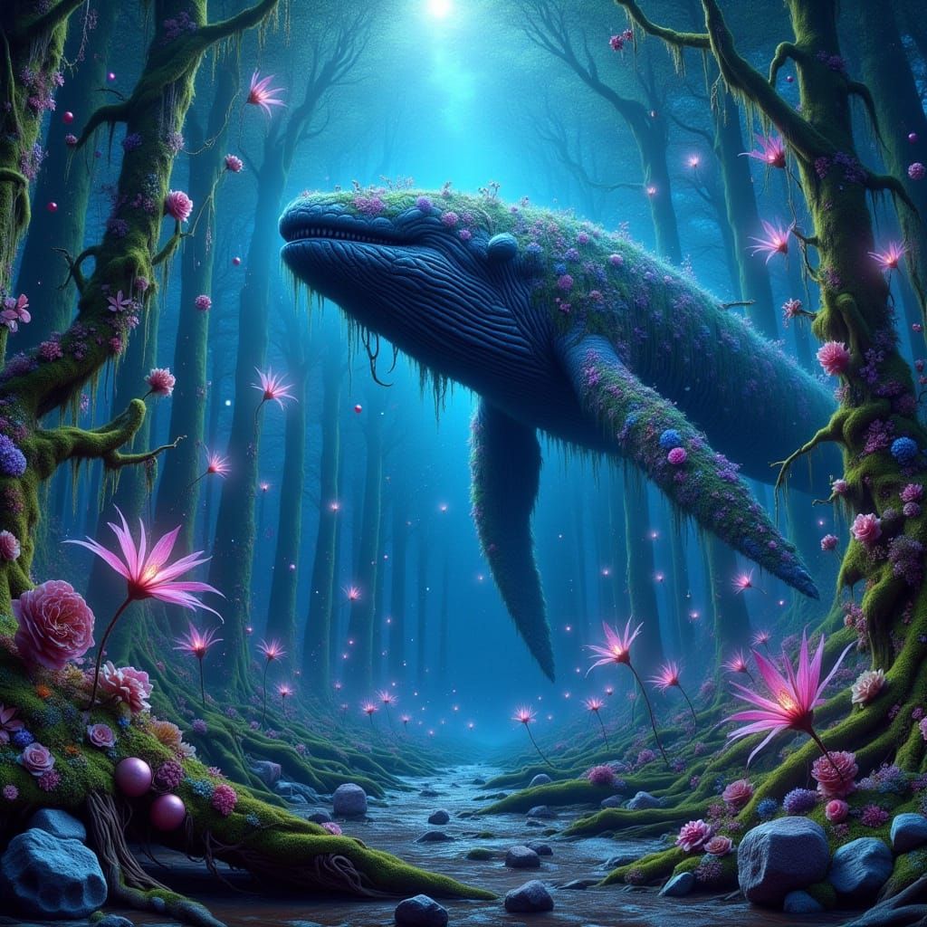 Blue Whale in Bioluminescent Ocean, Dreamy Art Style
