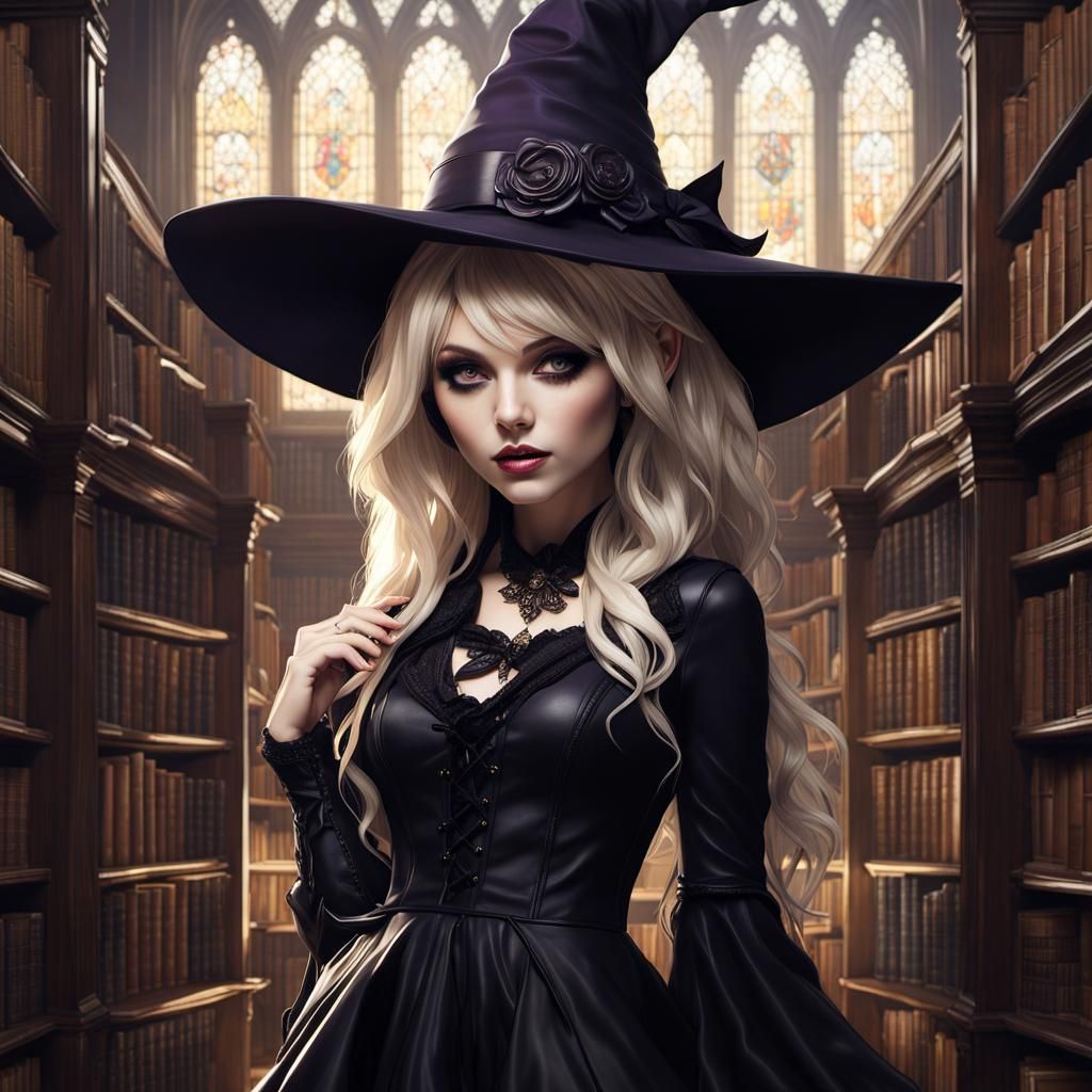 Gothic Witch in Library, Dark Fantasy Art