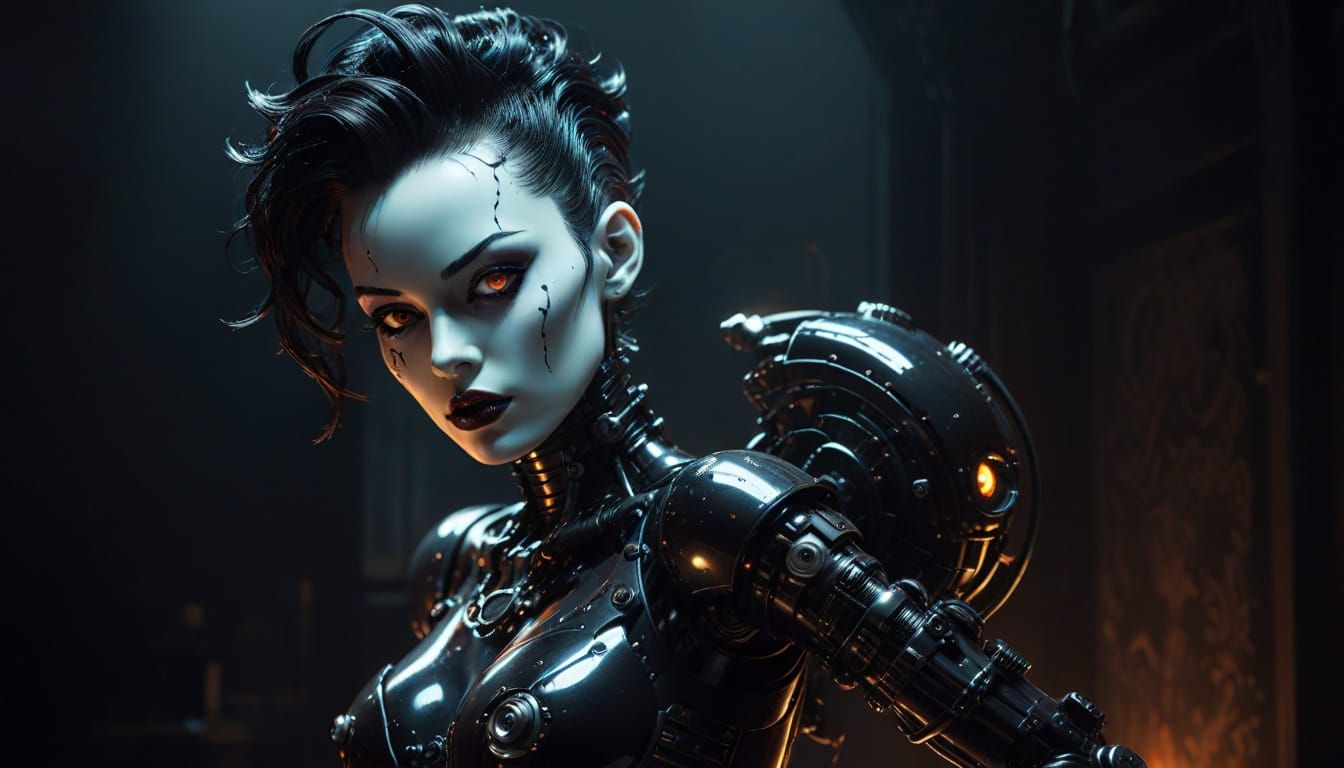 Gothic Gynoid Robot Pin-Up Art with Neon Lighting