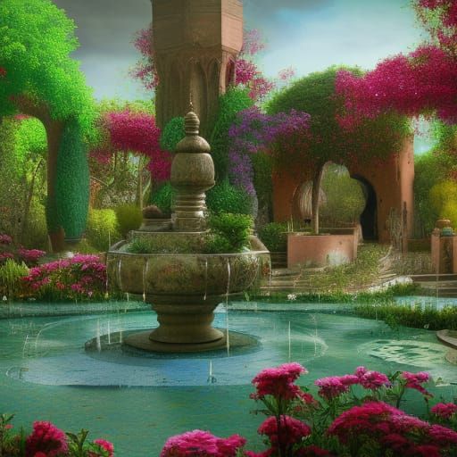Moroccan Garden with Mosaic Fountain in Detailed Matte Paint...