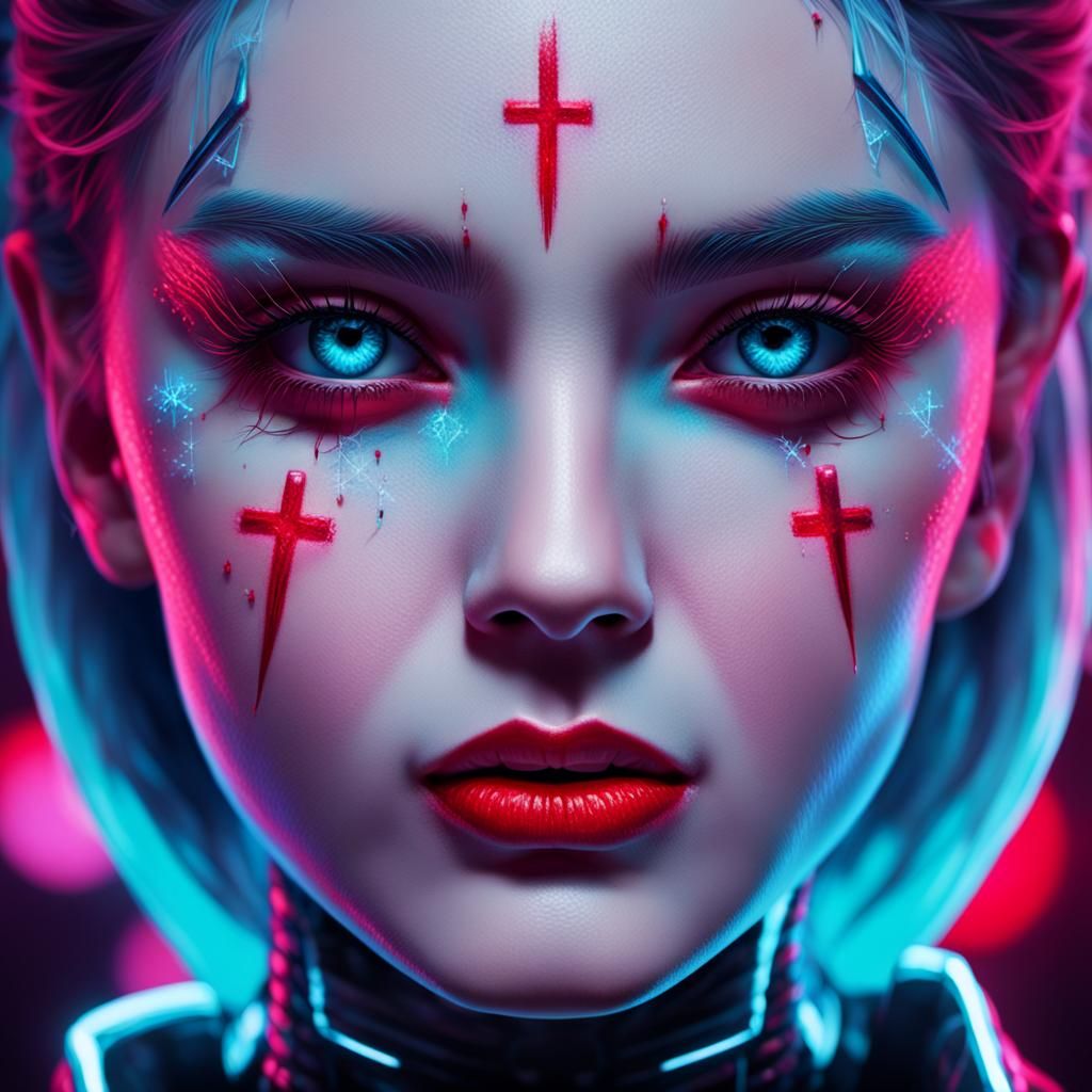 Synthwave Portrait of Woman with Icy Fury
