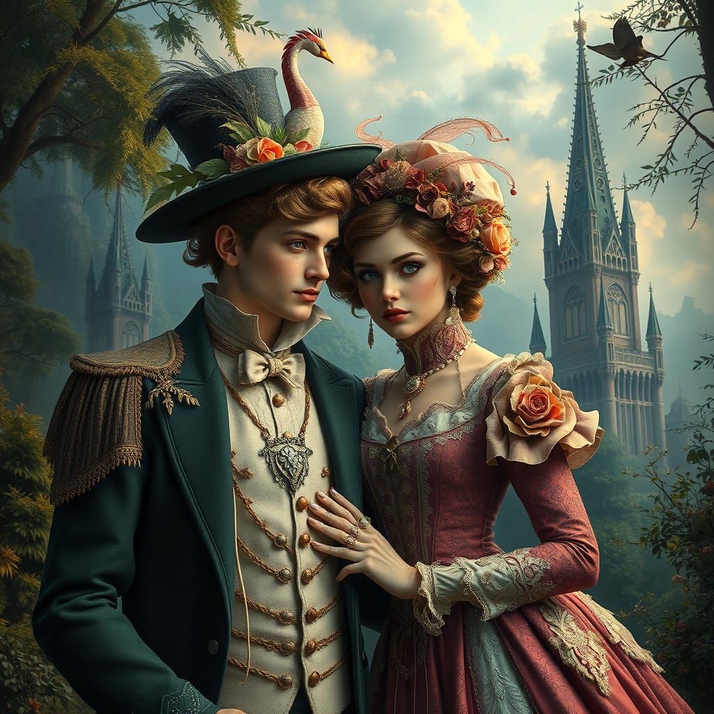 Enchanted Victorian Couple Amidst Whimsical Landscapes