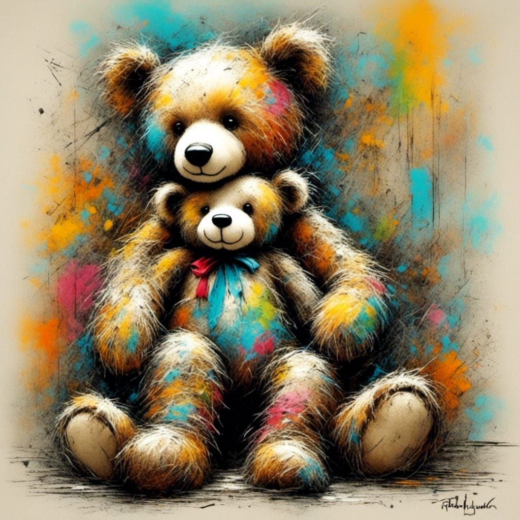 Colorful Chalk Art Teddy Bear with Girl