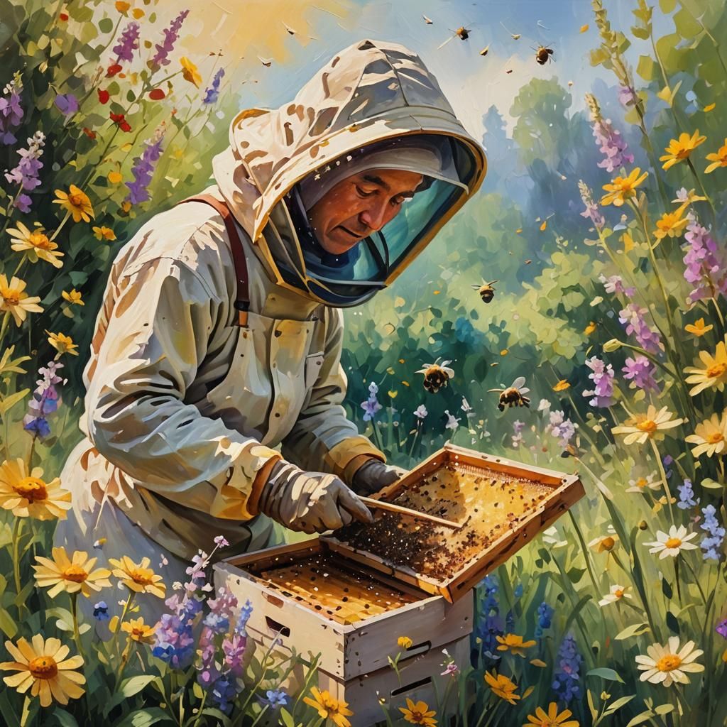 Beekeeper in Wildflower Meadow: An Impressionist Painting