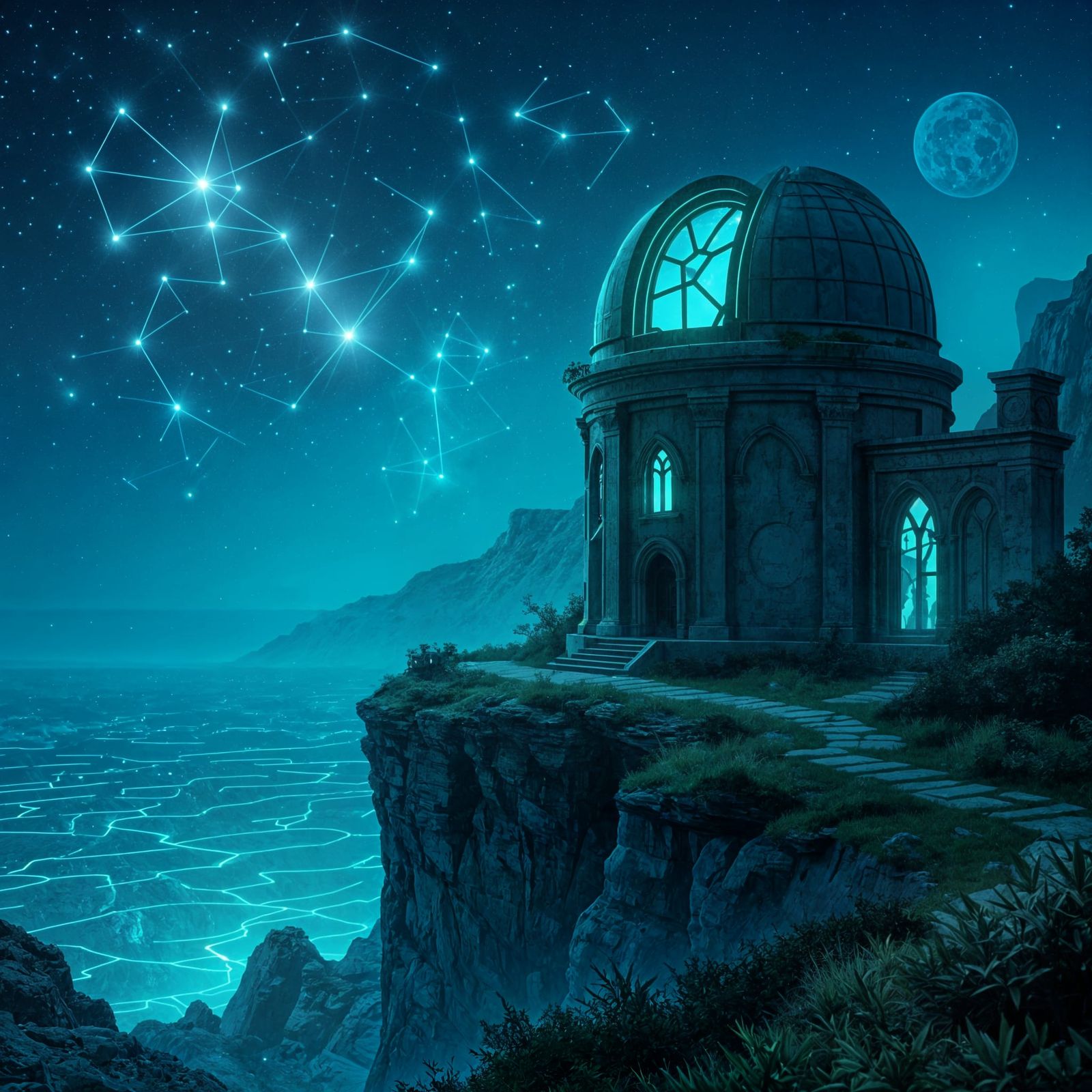 Abandoned Observatory Overlooking Bioluminescent Ocean Under...