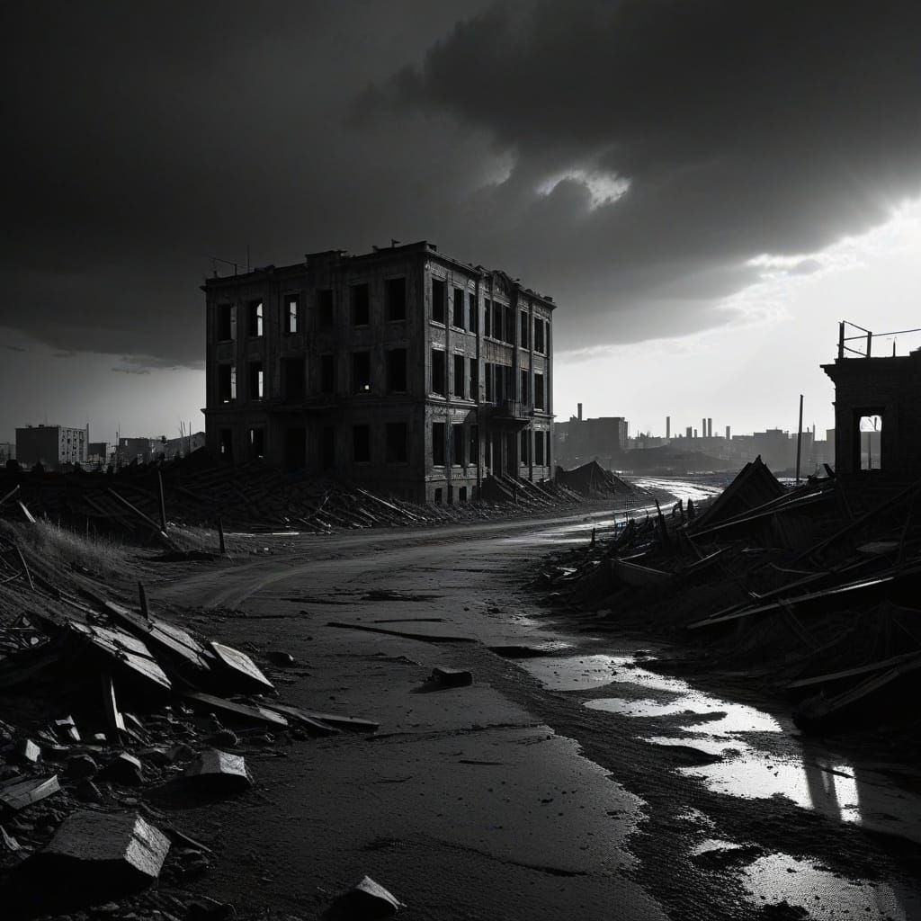 Gritty Black and White Cityscape at Night