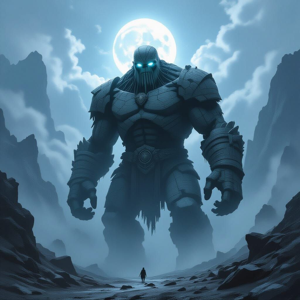 Ancient Stone Golem in Moonlit Mountain Pass