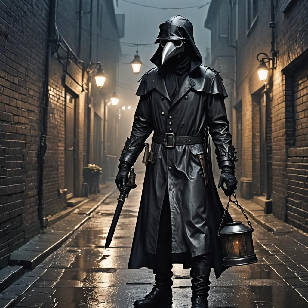 Plague Doctor in Rubber Outfit in Misty Alley