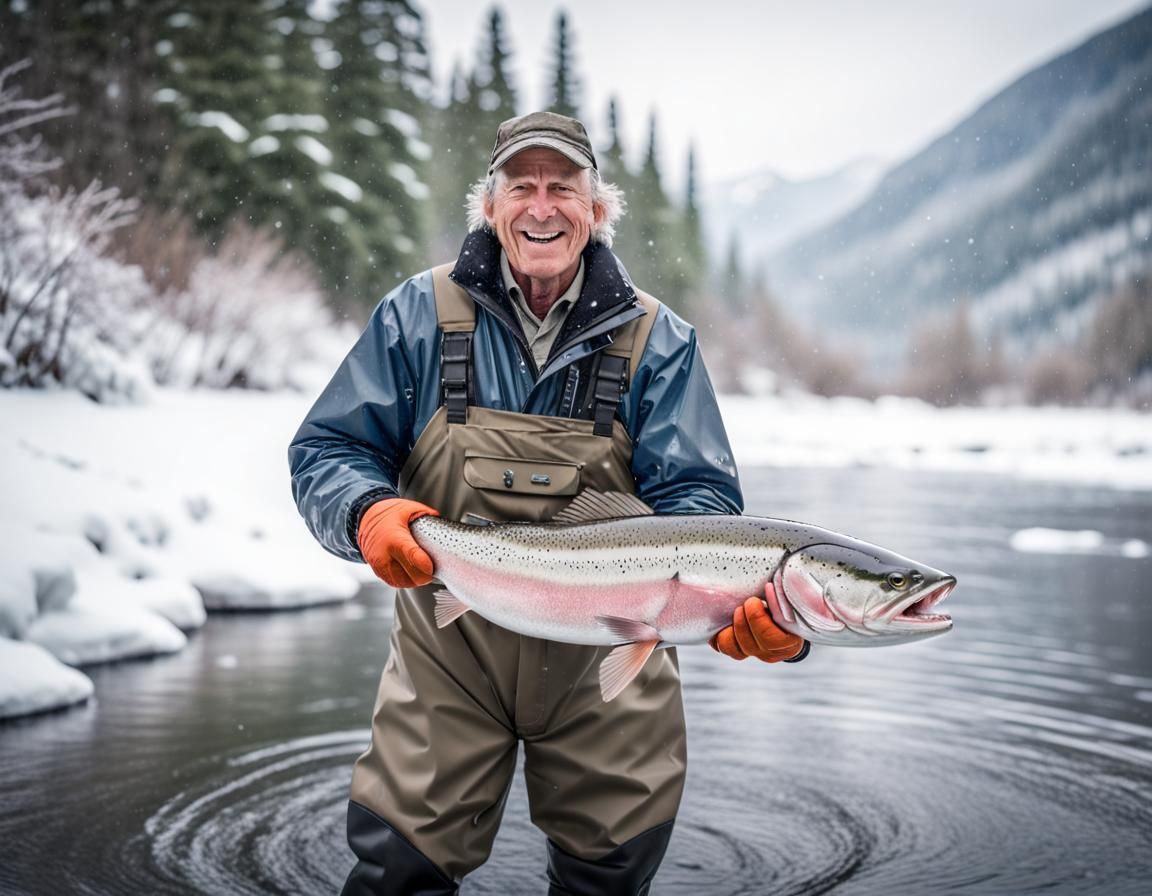 Angler's Winter Steelhead Catch in Snowy Landscape