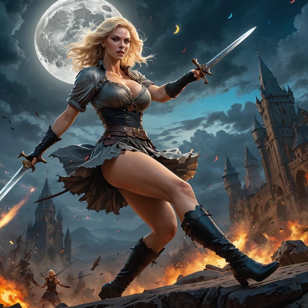 Fantasy Action Shot: Blonde Warrior in Vivid Landscape
