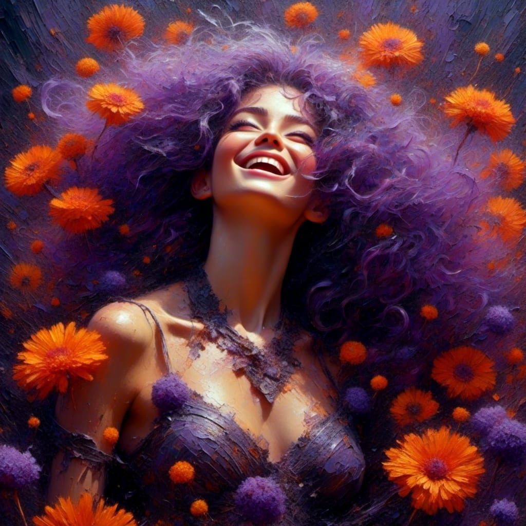 Joyful Woman Portrait with Floral Background in Digital Art