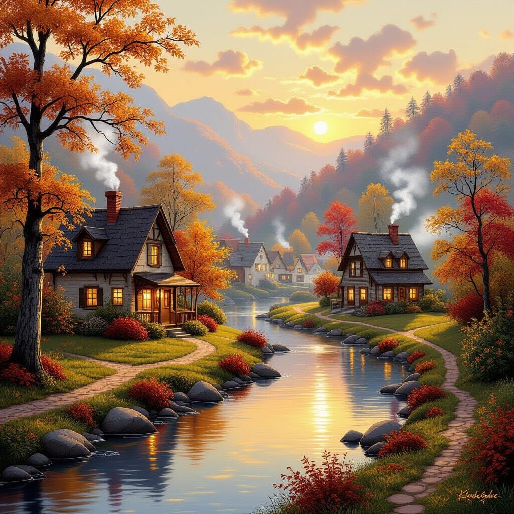 Autumn Village Serenity in Painterly Style
