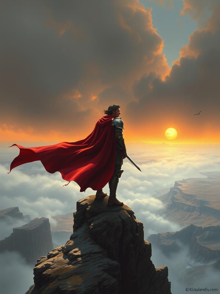 Heroic Figure Overlooking Misty Landscape in Epic Fantasy Ar...