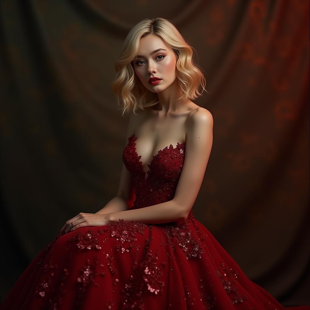 Blonde Woman in Red Gown: Hyperrealistic Fantasy Portrait