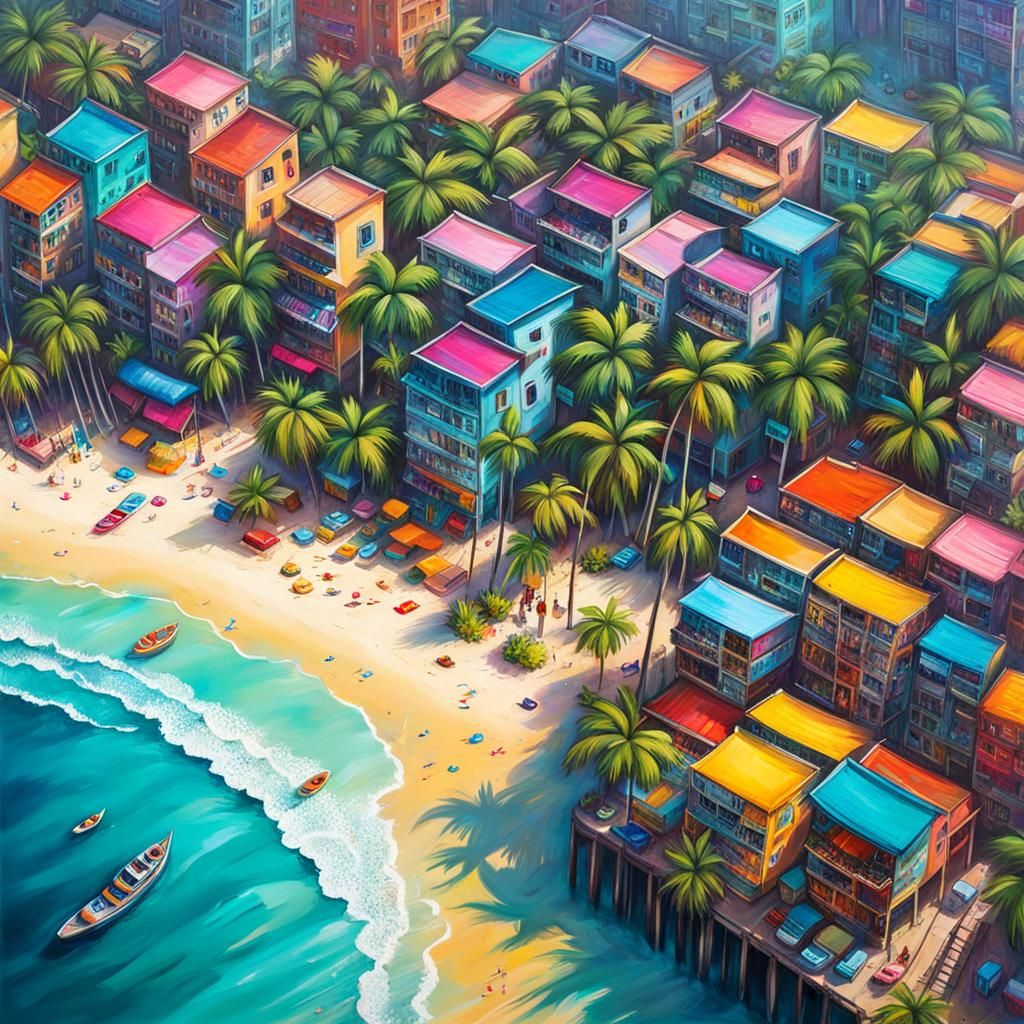 Aerial View of Tropical Coastal City in Graffiti Art Style