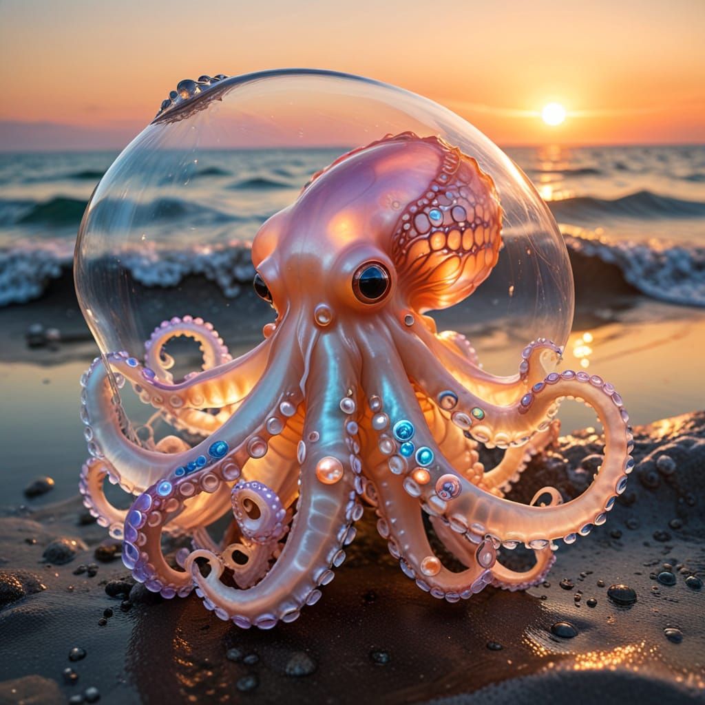 Ethereal Octopus-Flower Hybrid in Shell Harmony Amidst Sunse...