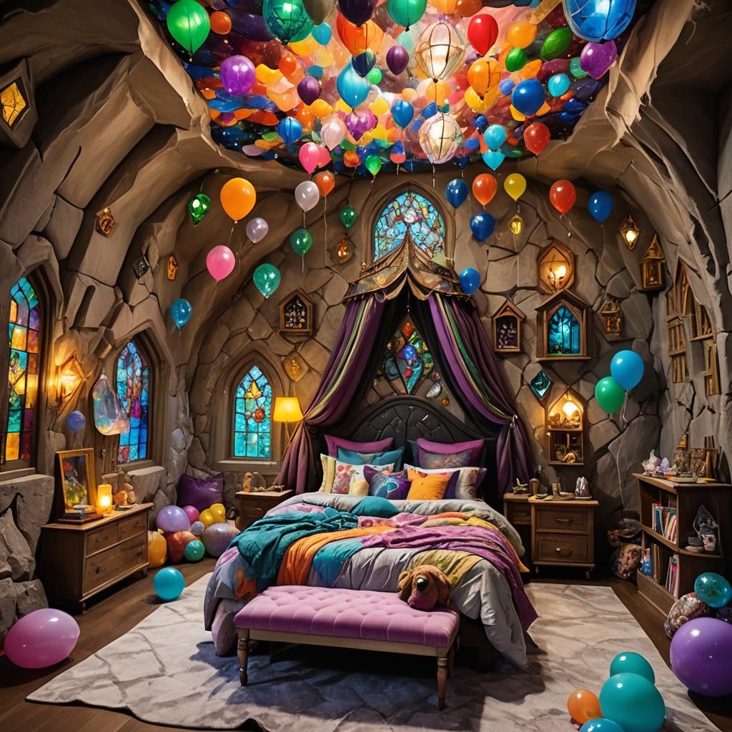 Magical Crystal Cave Bedroom with Toys and Balloons