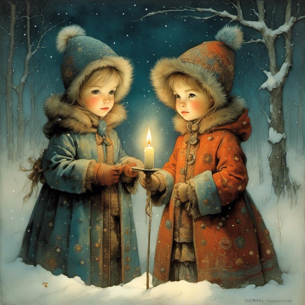 Siblings with Candle in Snowy Night, Illustrative Style