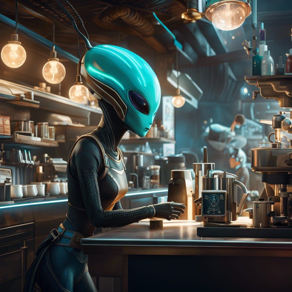 Alien Barista in Hyperrealistic Digital Art Style