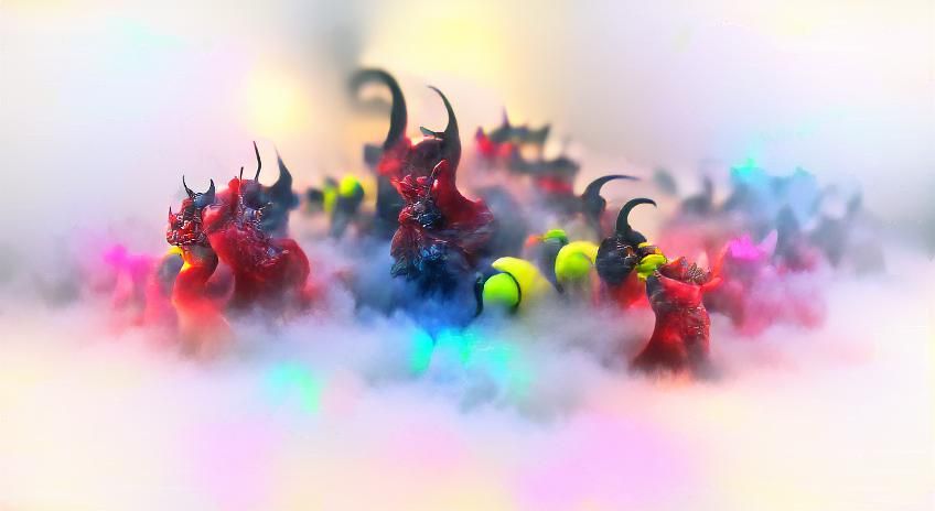 Vibrant Demon Army Emerging from Colorful Mist