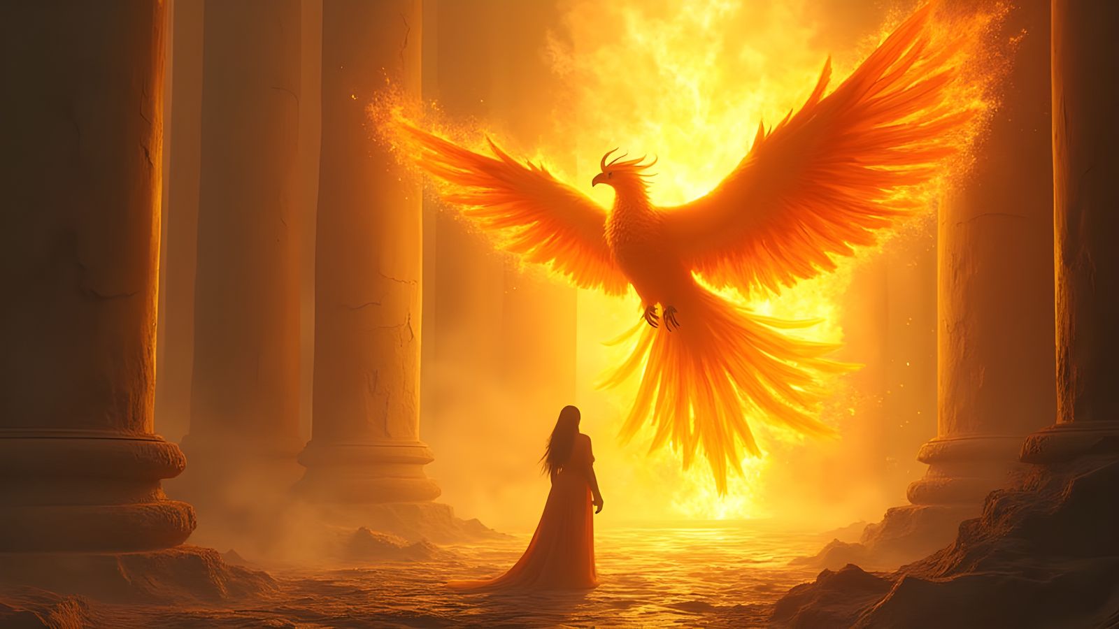 Phoenix Erupts at Sacred Temple, Digital Painting