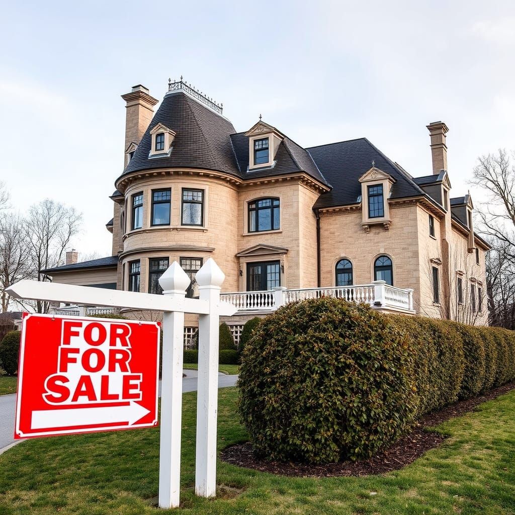 Mansion with a for sale sign