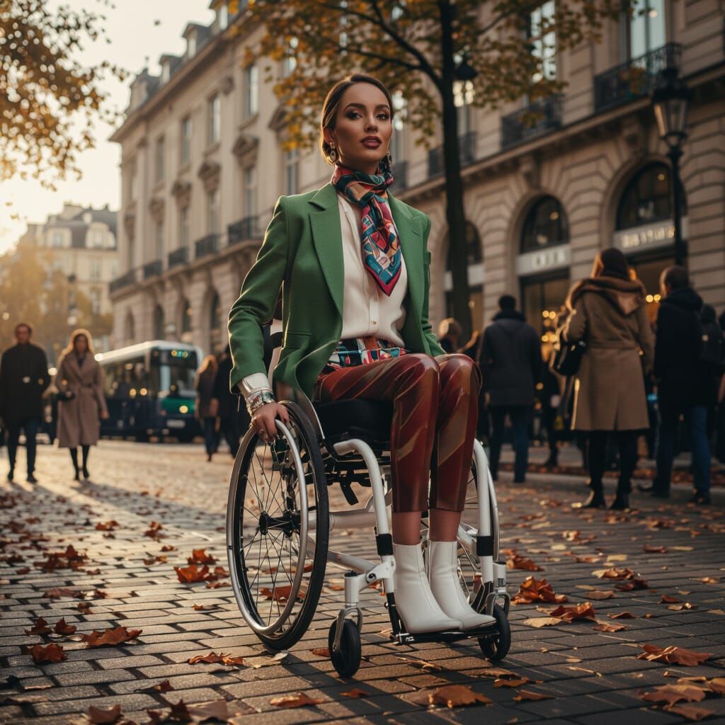 Elegant Woman in Wheelchair on Autumn City Street