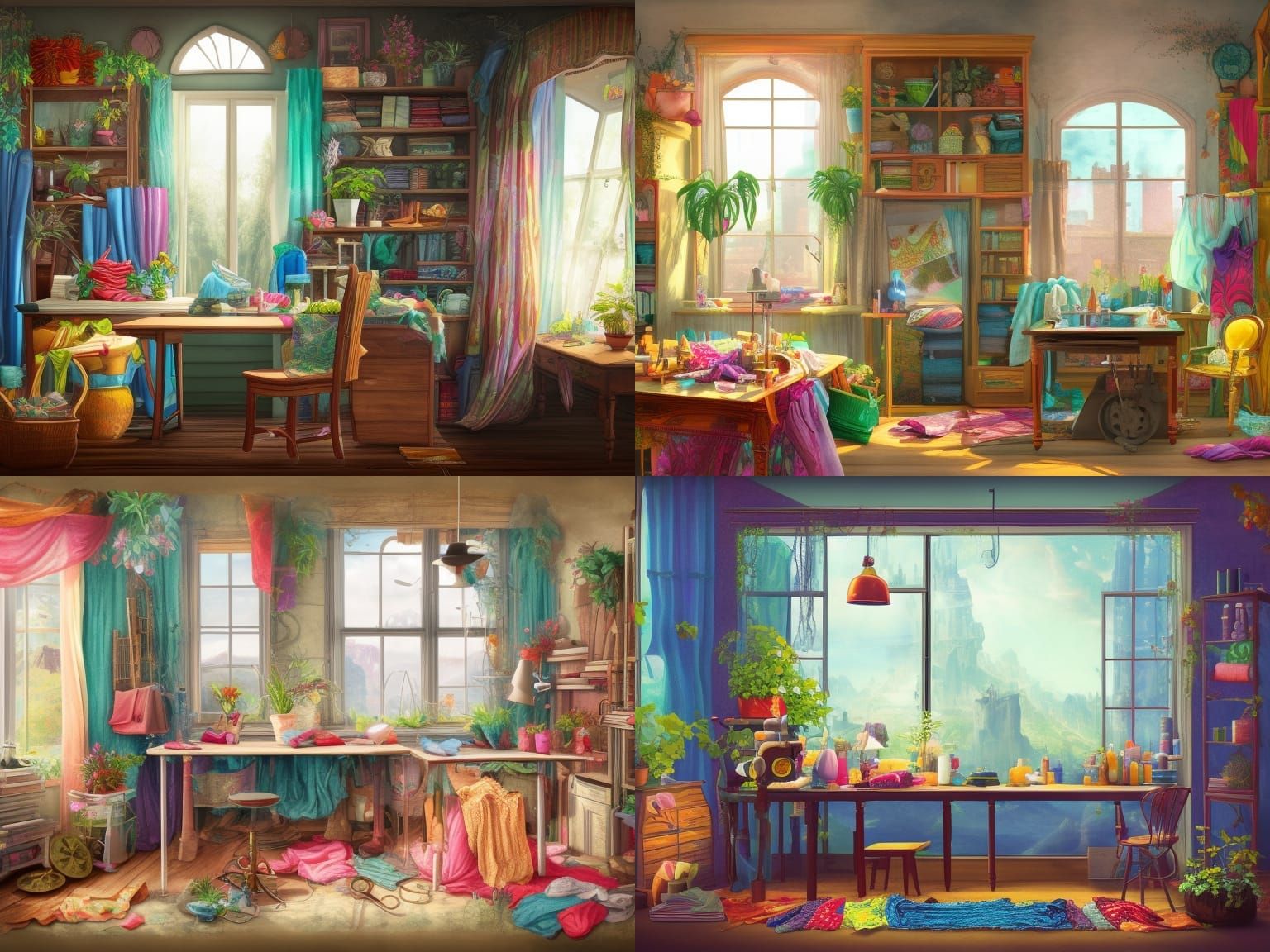 sewing room, sewing table, piles of colorful fabric, window,...
