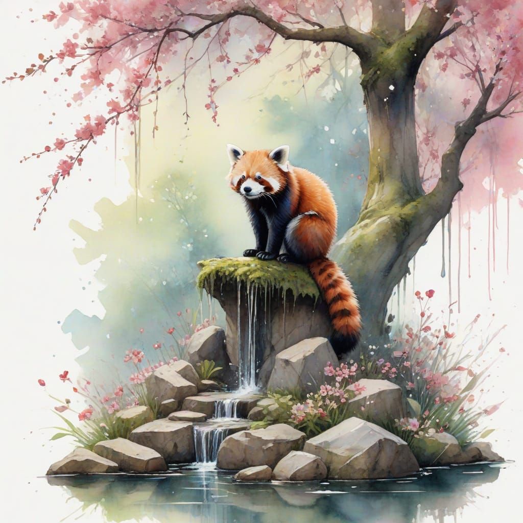 Surreal Pagoda Landscape with Cherry Blossoms and Red Panda ...