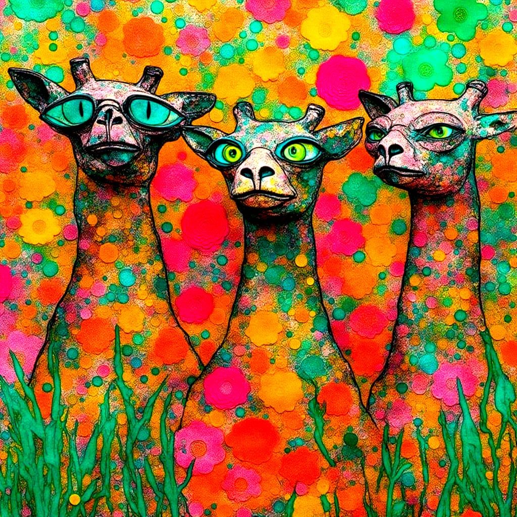 a close-up scene showing a group of giraffe`s wearing outrag...