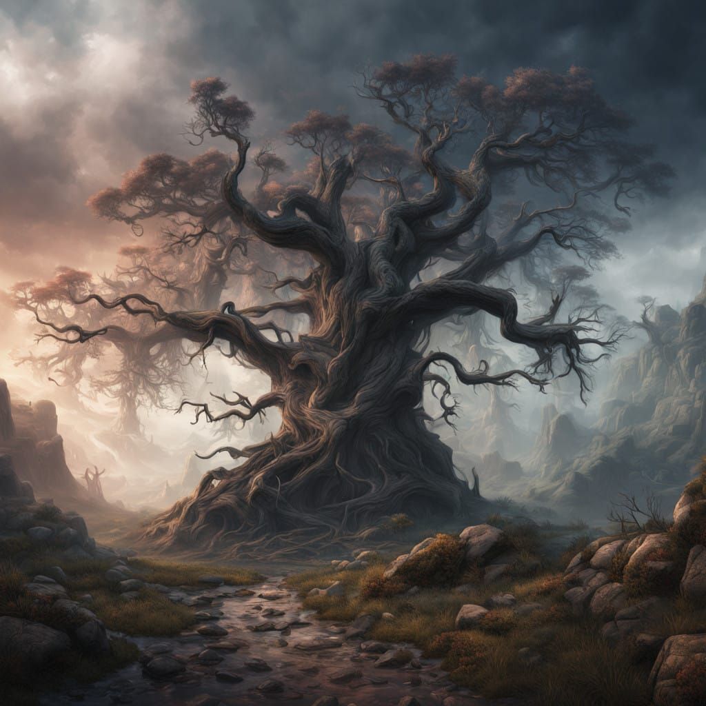 Twisted Tree in Haunting, Ethereal Lagoon Landscape