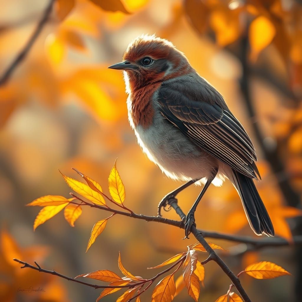 Intricately Feathered Bird in Golden Autumn Sunlight