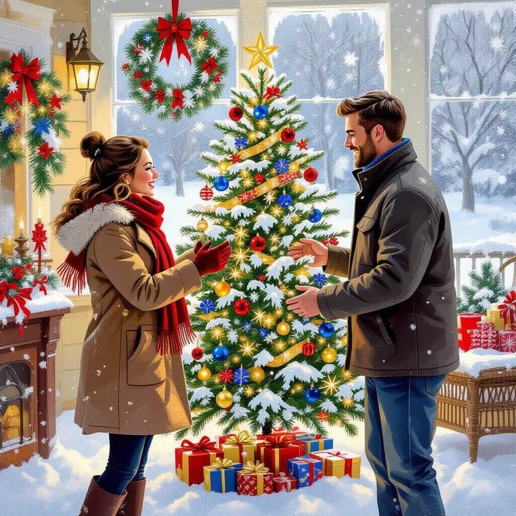 Couple Decorating Christmas Tree in Festive Winter Scene