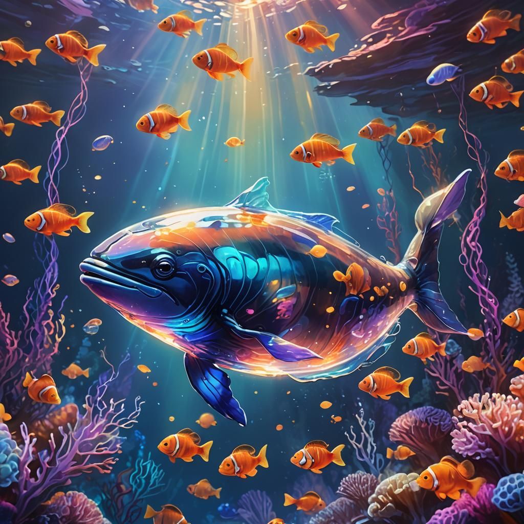 Glowing Glass Whale Concept Art in the Ocean