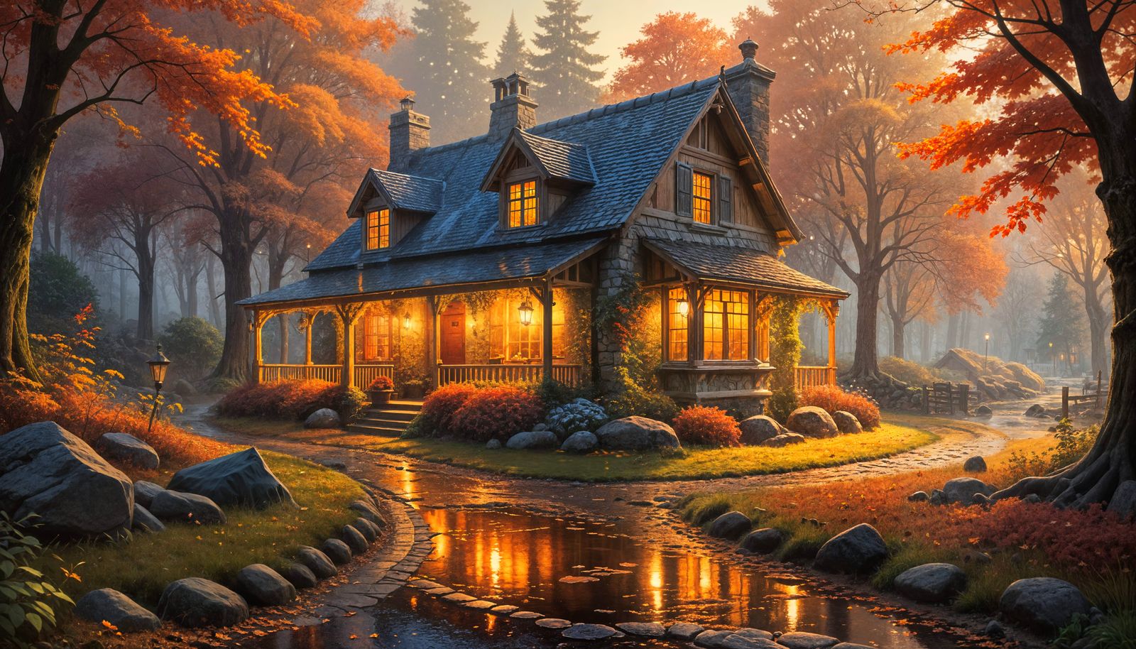 Picturesque Autumn Cottage in Misty Forest with Warm Light