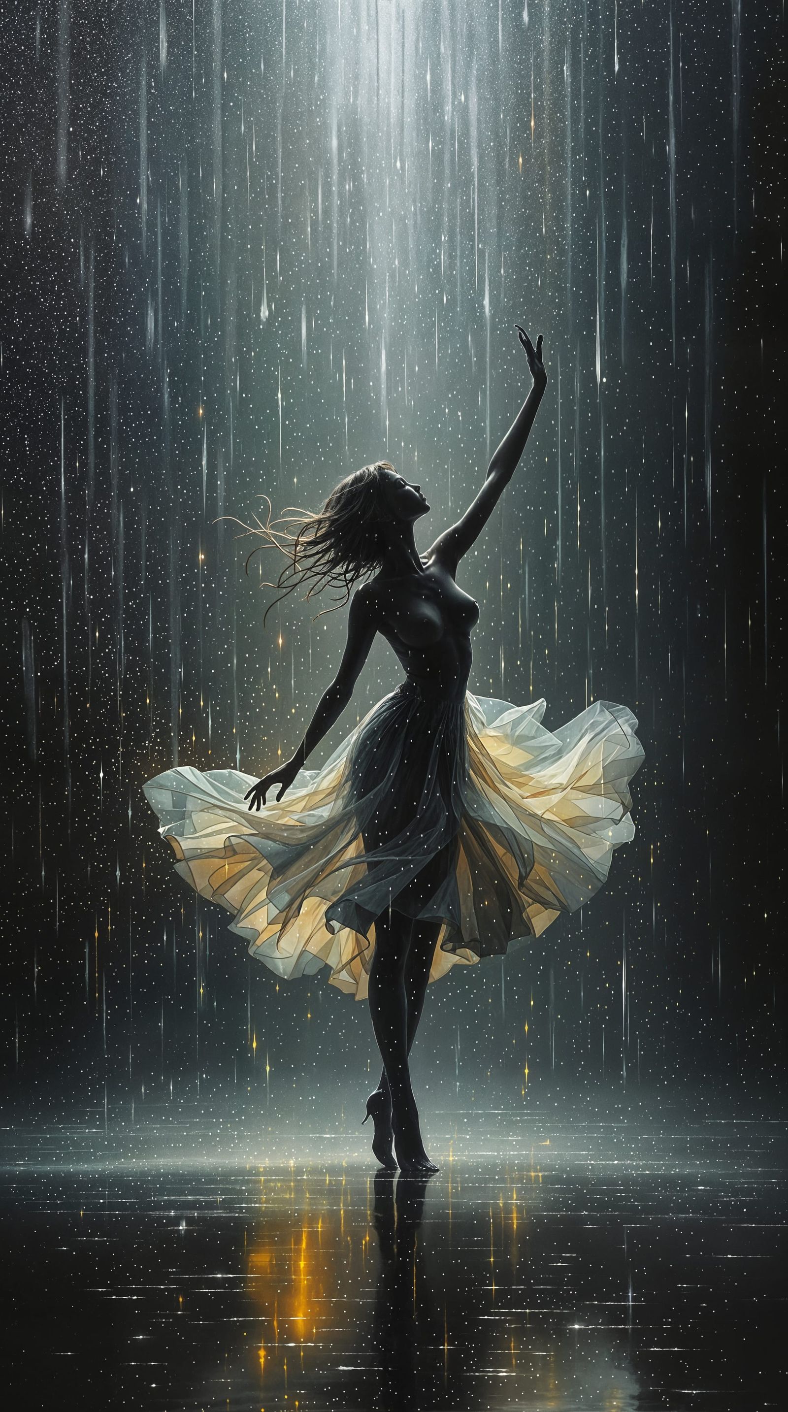 Dreamlike Impression of a Dancing Silhouette in Rainy Night