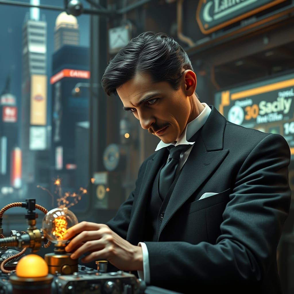 Nikola Tesla at Work in Futuristic Laboratory with Intricate...