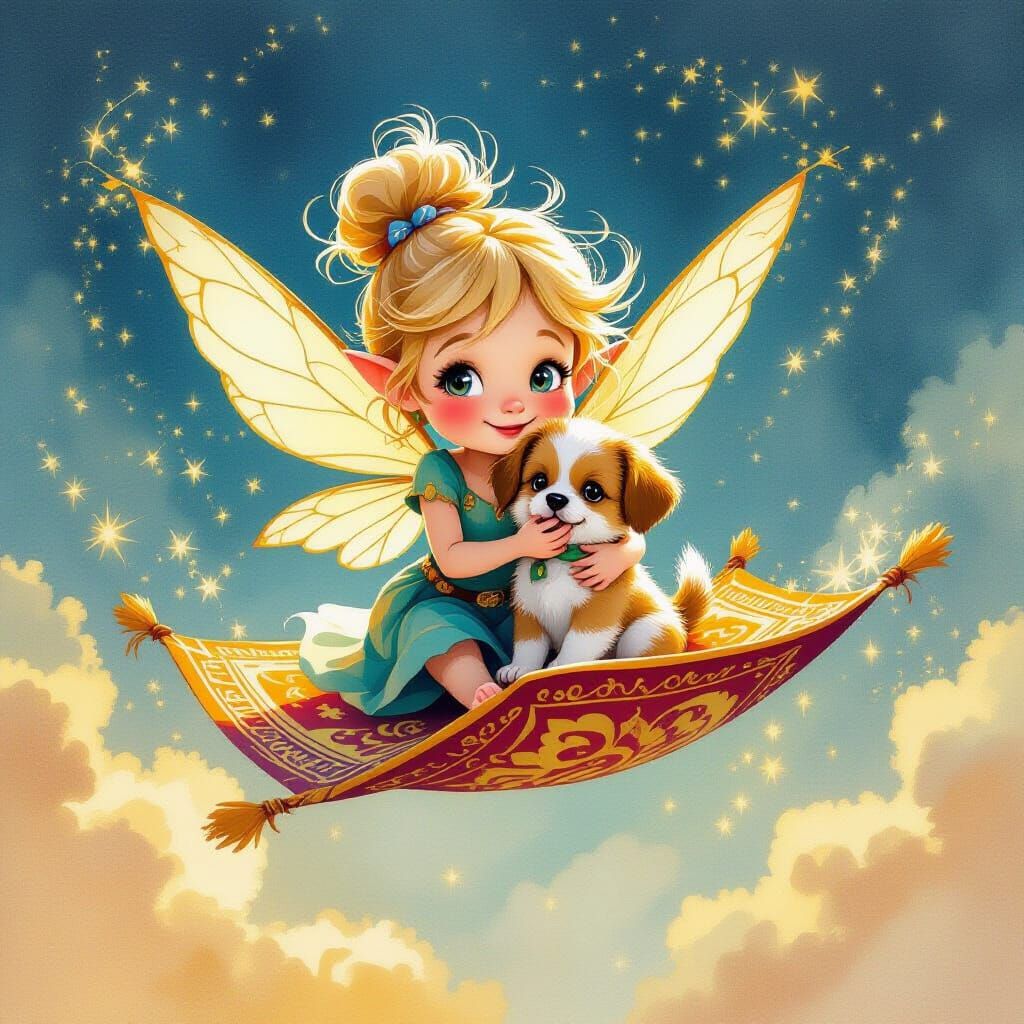 Pixie and Puppy Ride Magic Carpet Through Golden Space