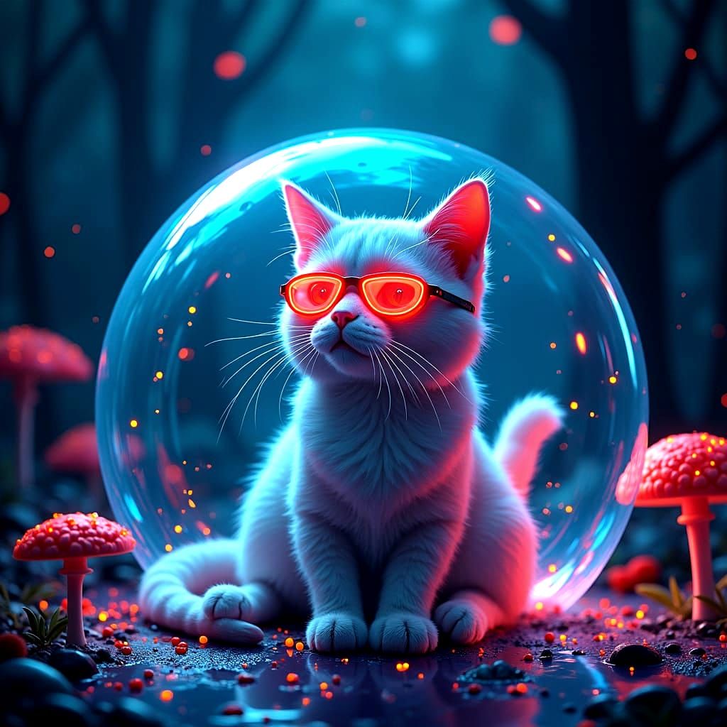 Mythical Cat in Bubble in Dark Forest